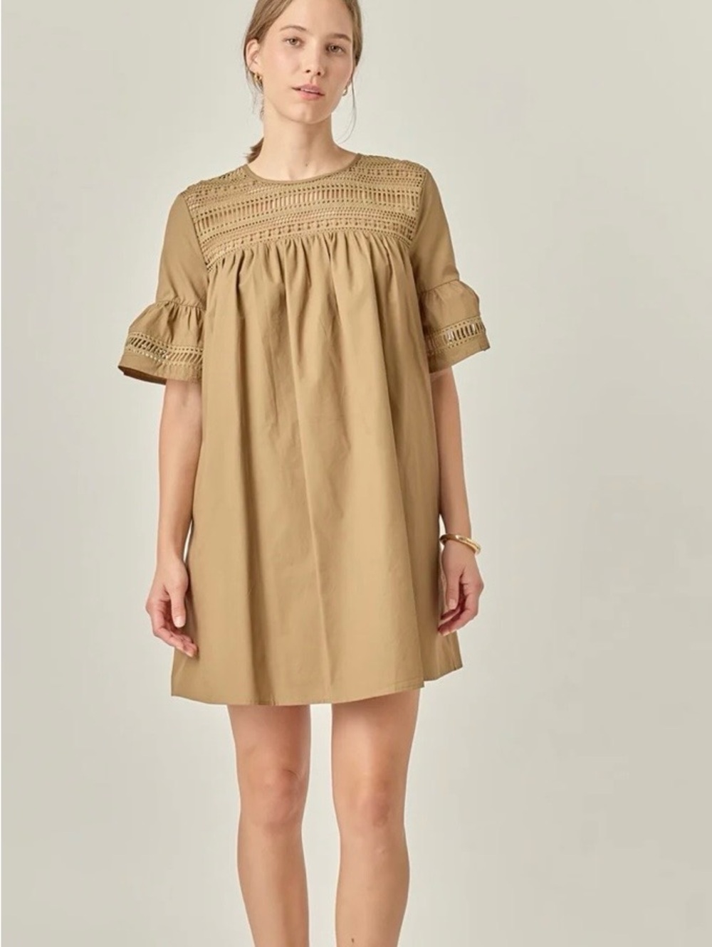 English Factory Lace  mini dress ' Brown Eyelet Yoke Ruffle Sleeve